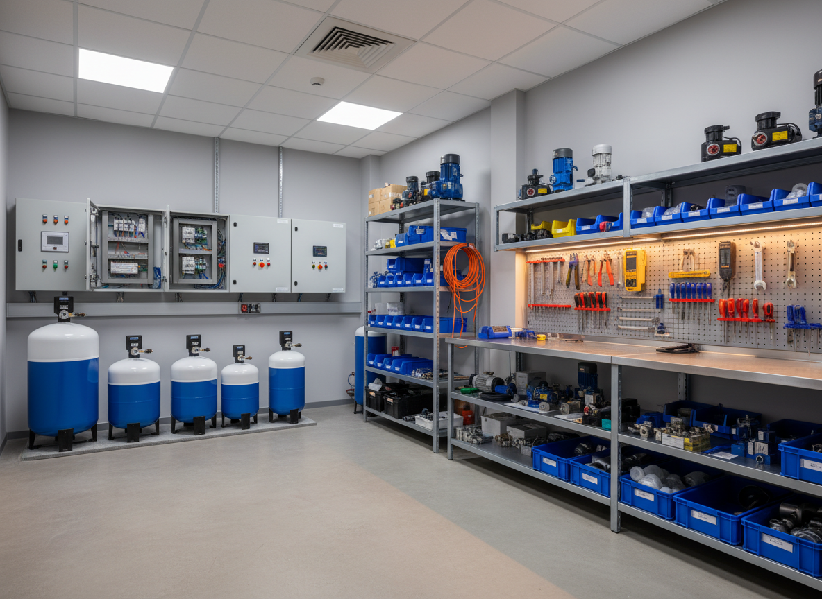 A professional indoor technical service workshop for electrical and hydrofor systems. Clean, organized interior with hydrofor tanks, electrical panels, tools on wall racks, spare parts on shelves. Warm lighting, corporate atmosphere, no text, no logos, no writing anywhere on walls, floors, or equipment.