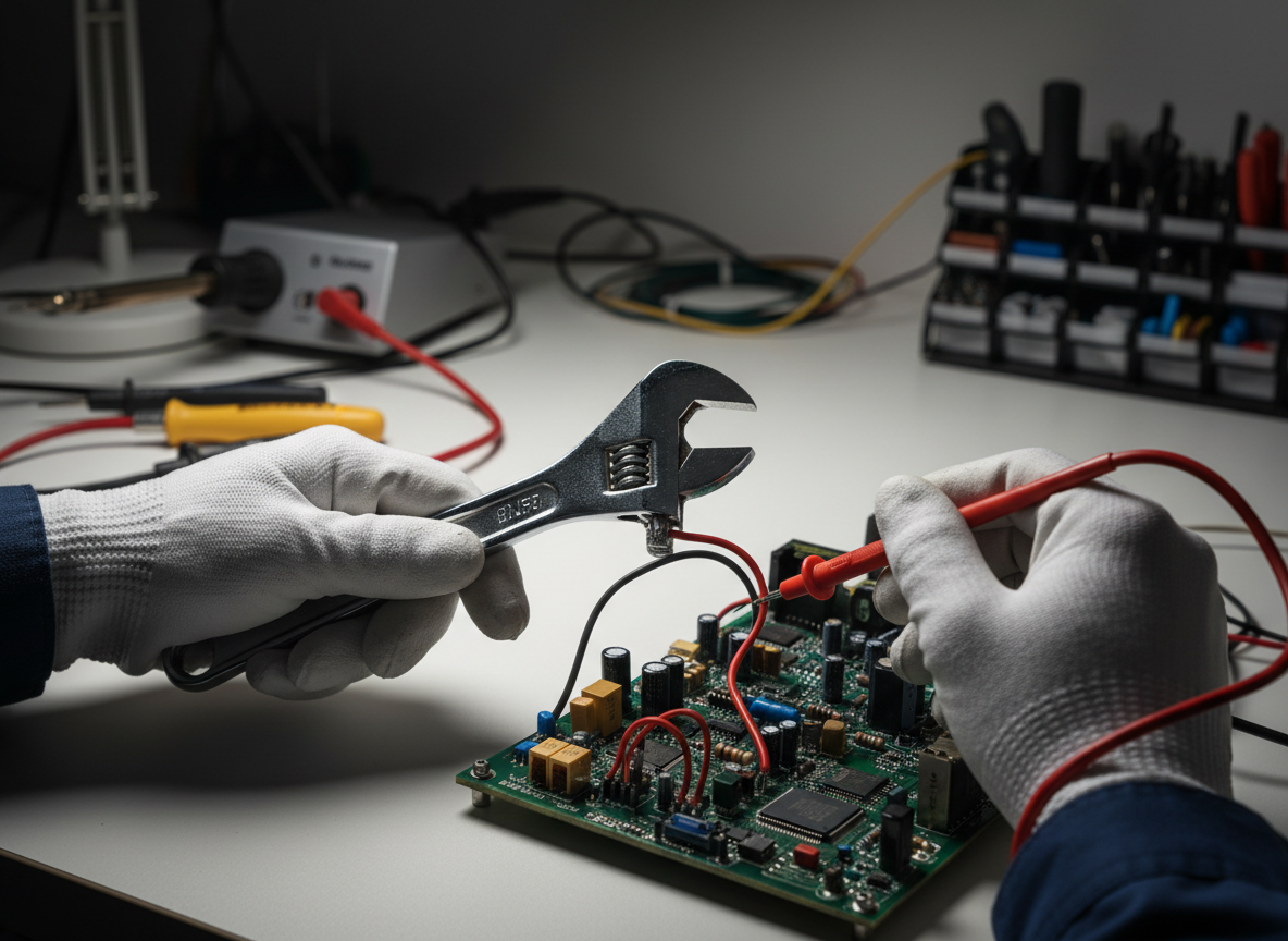 A close-up shot of a professional technician's hands holding a wrench and a multimeter, working on electrical components. Clean workshop background, dramatic lighting, sharp focus on the tools. No text, no logos, no writing anywhere.