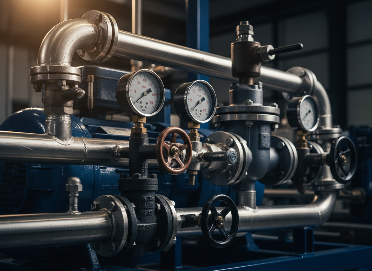 A dramatic, cinematic close-up photograph of a professional hydrofor pump system with gleaming metal pipes, pressure gauges with analog dials, valves and fittings. Deep blue and steel tones, professional industrial photography style, moody dramatic lighting, sharp details on metal textures. No text, no writing, no logos anywhere in the image.