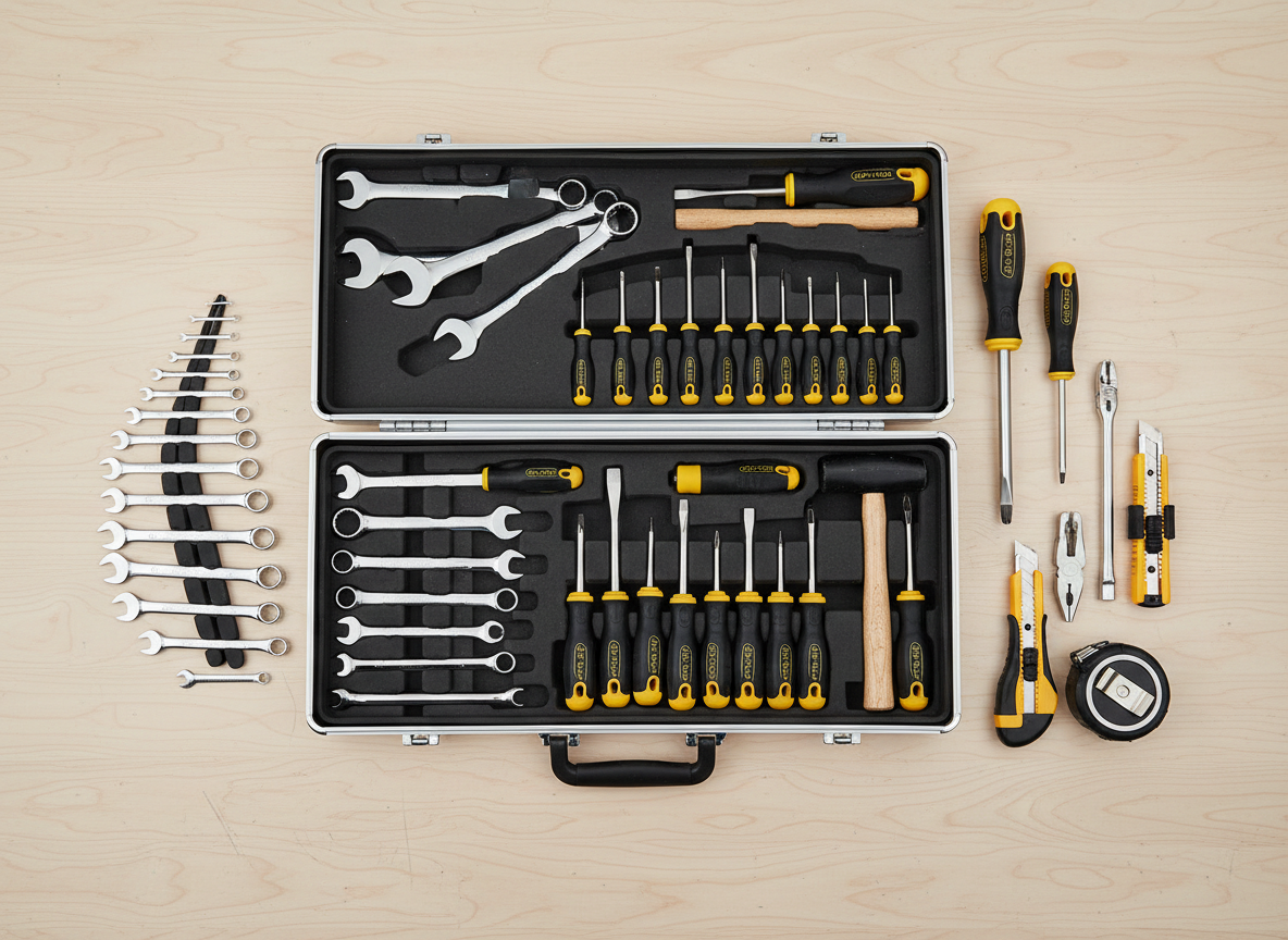 Toolbox with organized hand tools on a workbench, wrenches and screwdrivers, bright clean flat lay